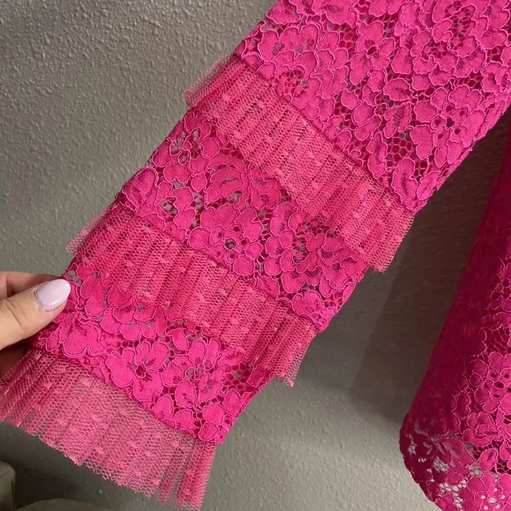 J. Crew Women Pink Lined Lace Blouse With Tulle Ruffle Detail Size M